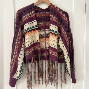 Boho Multicolor Fringe Knit Cardigan Sweater | Festival Hippie Style | Small